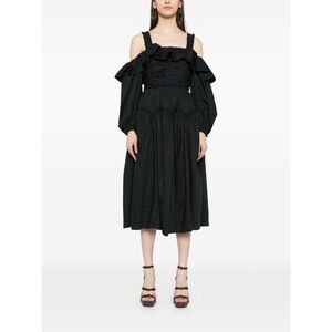NWT Ulla Johnson Caprice Ruffled Off-the-Shoulder Midi Dress Black Noir Size 2 $